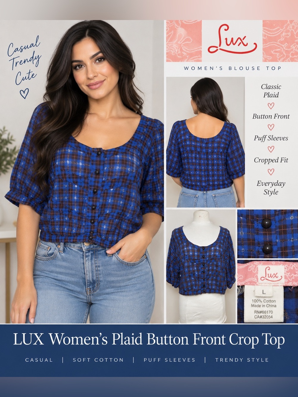 Vintage style navy blue button down crop top shirt blouse 100% cotton
